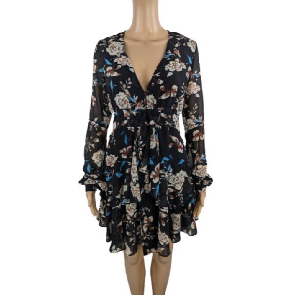 Storia Black Floral Plunging V-Neck Ruffle Dress M